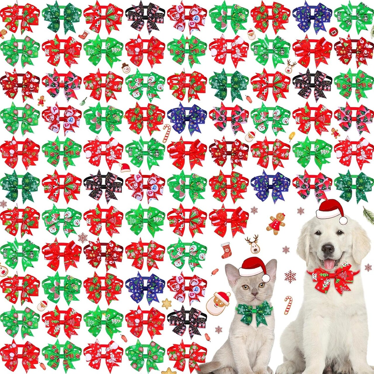 80 Pcs Christmas Dog Collar with Bow Snowman Snowflake Christmas Tree Pet Bowtie Collar Adjustable Xmas Cat Puppy Basic Neckties for Christmas Winter Holiday Pet Bow Grooming Accessories